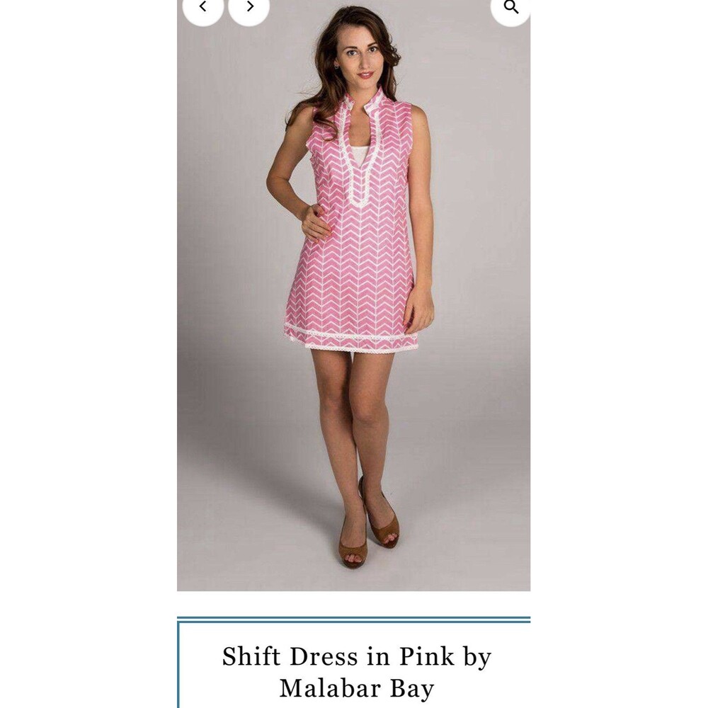 Malabar bay Women’s Pink Shift Dress With White Seahorses & Trim, Size M